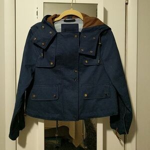 Zara Navy Blue Hooded Cotton Jacket with Brown Lining